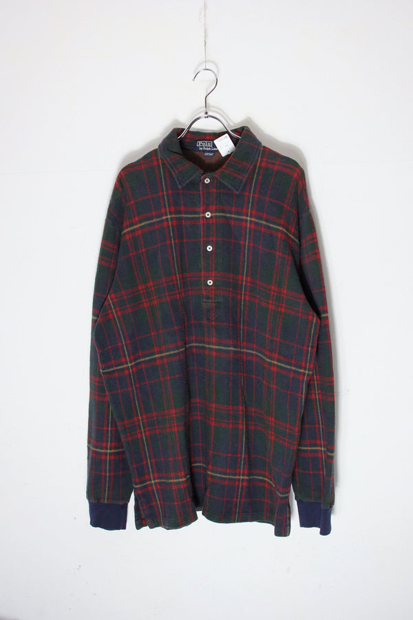 MADE IN USA 80'S L/S CHECK KNIT POLO SHIRT / RED/NAVY [SIZE: L USED]