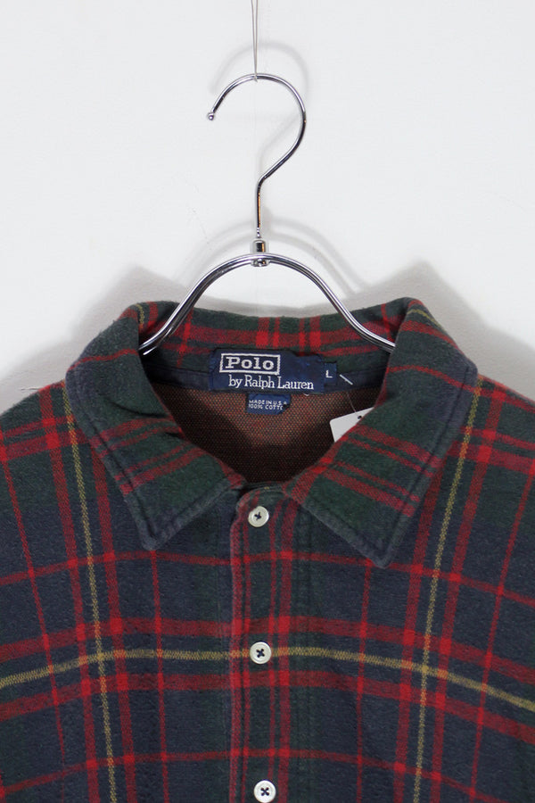 MADE IN USA 80'S L/S CHECK KNIT POLO SHIRT / RED/NAVY [SIZE: L USED]