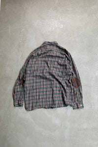 90'S L/S LEATHER ELBOW PATCH COTTON CHECK SHIRT / GREEN [SIZE: L USED]