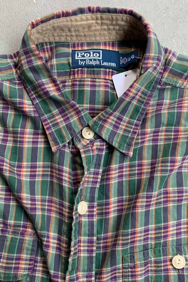 90'S L/S LEATHER ELBOW PATCH COTTON CHECK SHIRT / GREEN [SIZE: L USED]