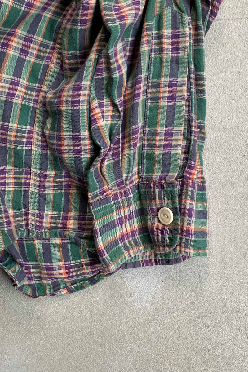 90'S L/S LEATHER ELBOW PATCH COTTON CHECK SHIRT / GREEN [SIZE: L USED]