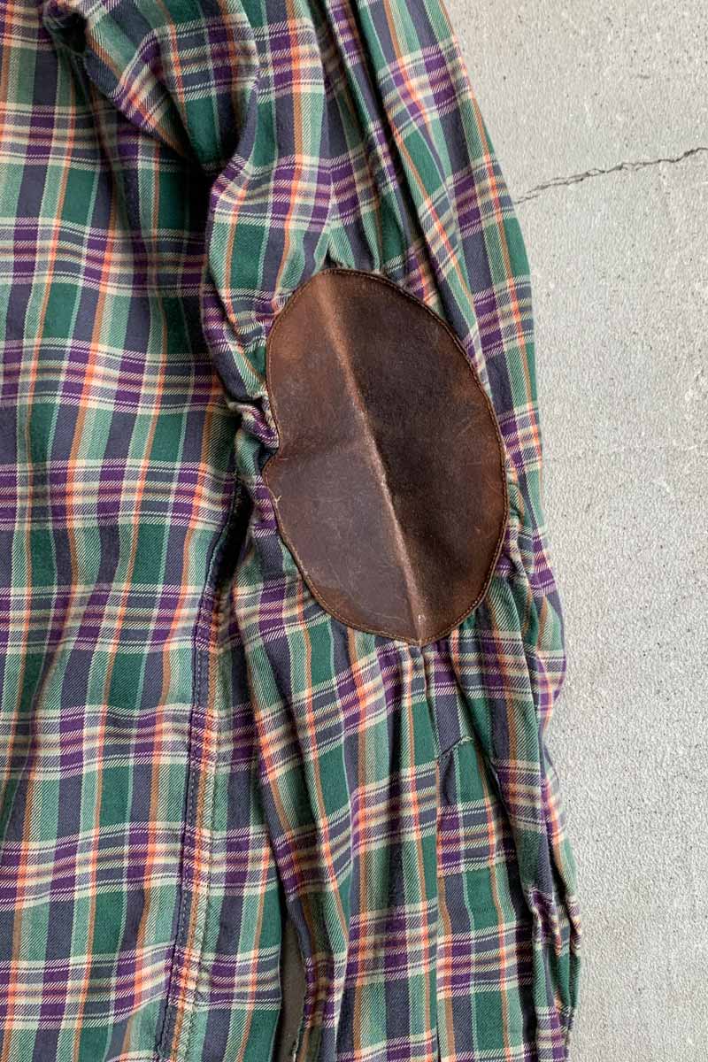 90'S L/S LEATHER ELBOW PATCH COTTON CHECK SHIRT / GREEN [SIZE: L USED]