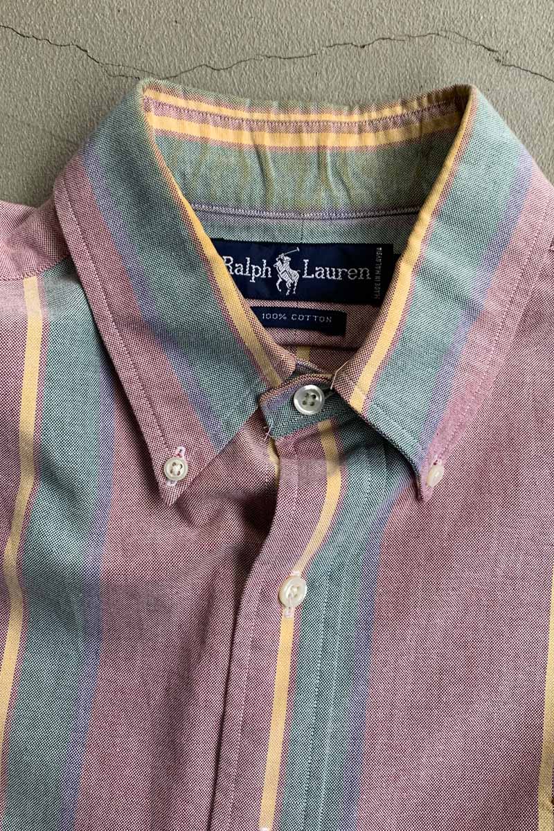 90'S L/S B.D COTTON OXFORD STRIPE SHIRT / PURPLE [SIZE: L USED]