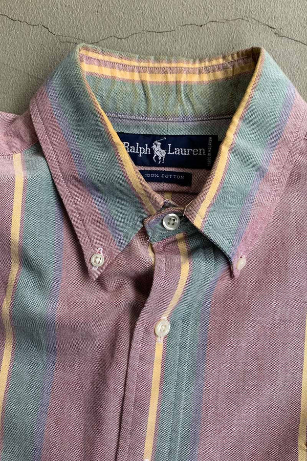 90'S L/S B.D COTTON OXFORD STRIPE SHIRT / PURPLE [SIZE: L USED]
