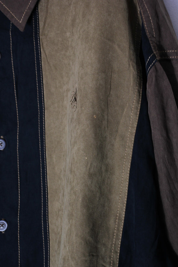 90'S L/S SWITCHING COLOR VEGAN SUEDE SHIRT / BROWN/BLACK [SIZE: XL USED]