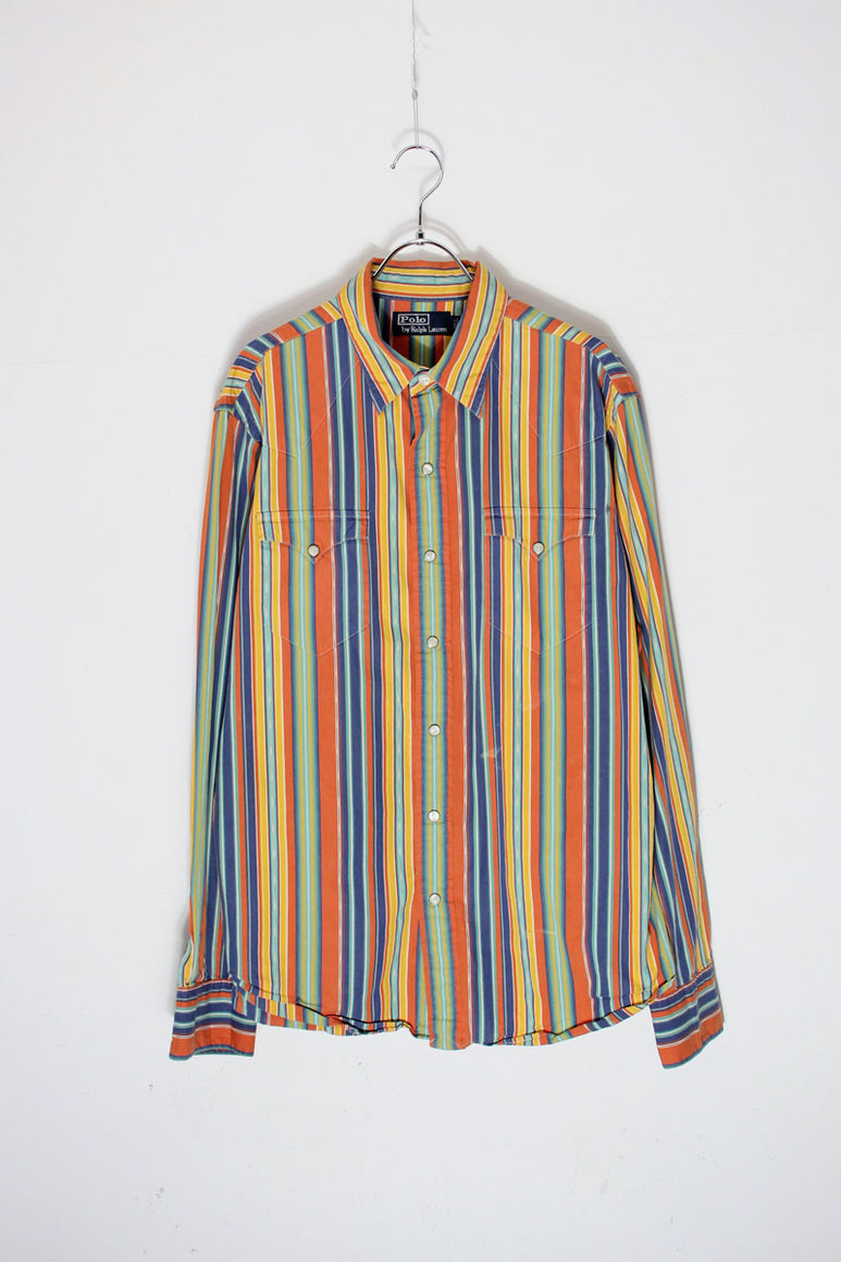 90'S L/S MULTI STRIPE WESTERN SHIRT / YELLOW/ORANGE/BLUE MULTI [SIZE: L USED]