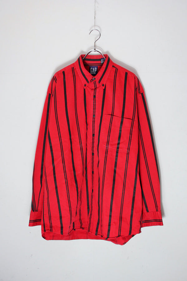 90'S L/S B.D STRIPE COTTON TWILL SHIRT / RED/BLACK [SIZE: L USED]
