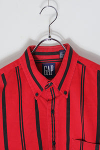 90'S L/S B.D STRIPE COTTON TWILL SHIRT / RED/BLACK [SIZE: L USED]