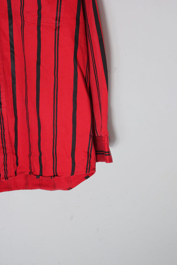 90'S L/S B.D STRIPE COTTON TWILL SHIRT / RED/BLACK [SIZE: L USED]
