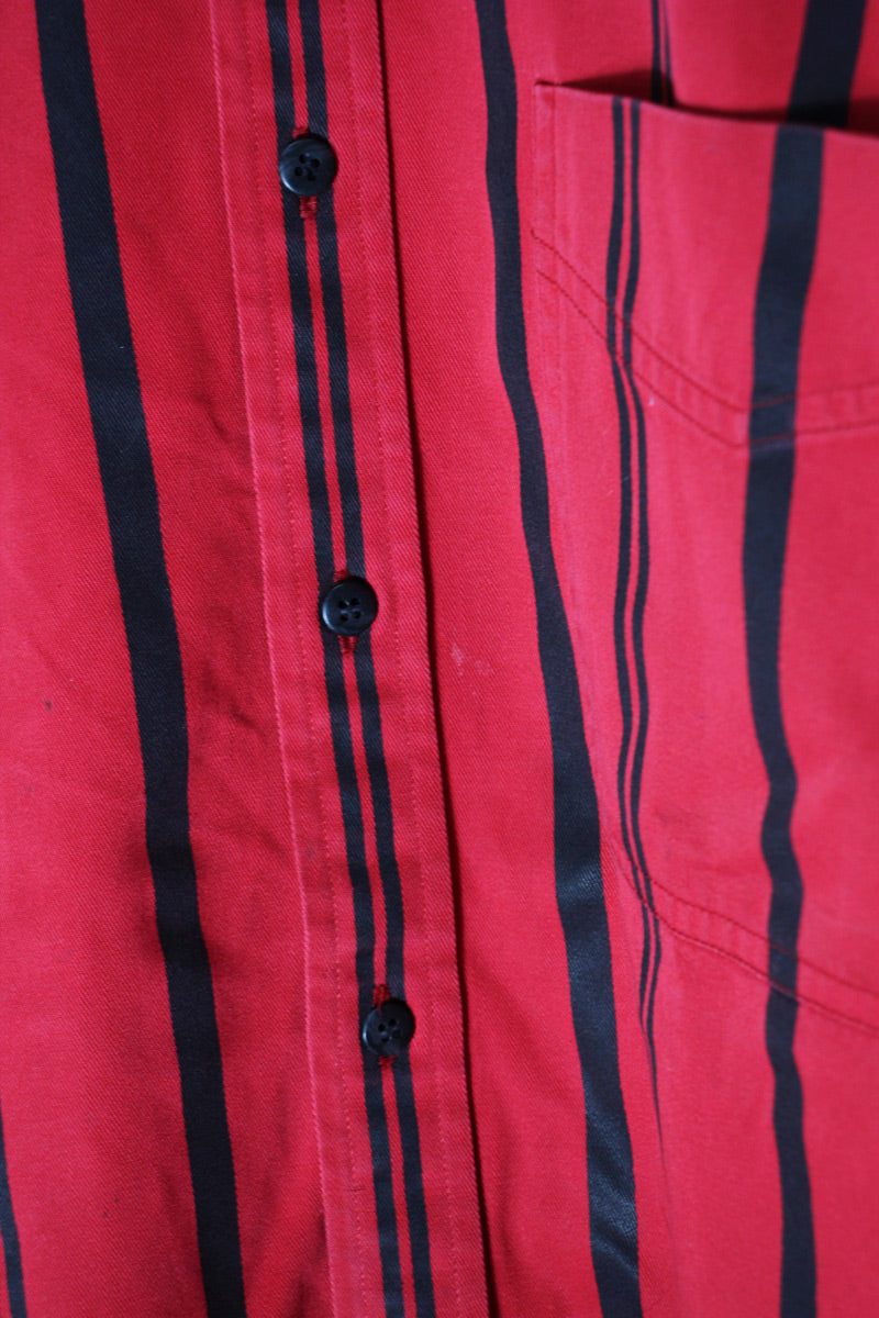 90'S L/S B.D STRIPE COTTON TWILL SHIRT / RED/BLACK [SIZE: L USED]