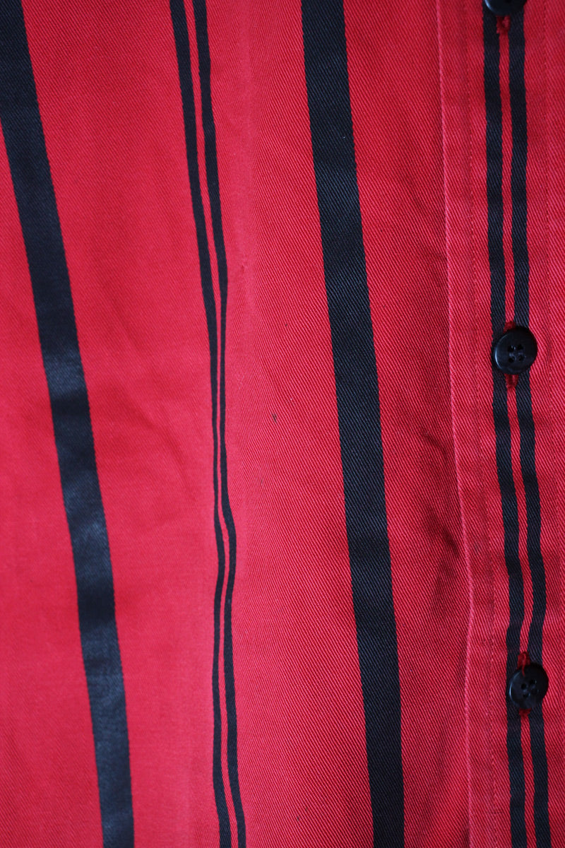 90'S L/S B.D STRIPE COTTON TWILL SHIRT / RED/BLACK [SIZE: L USED]