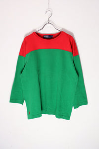 90'S L/S BI-COLOR FOOTBALL T-SHIRT / RED/GREEN [SIZE: L USED]