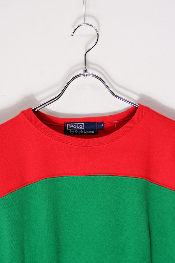 90'S L/S BI-COLOR FOOTBALL T-SHIRT / RED/GREEN [SIZE: L USED]