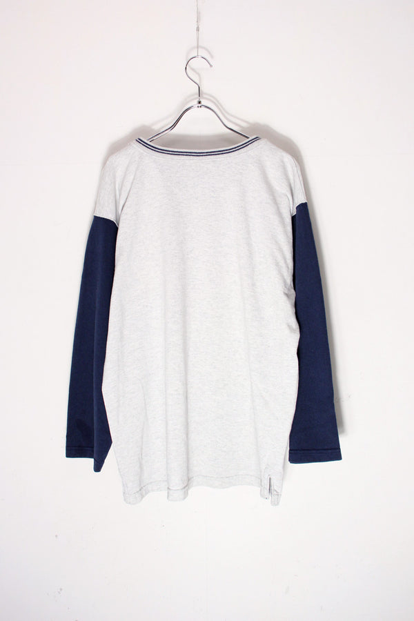 MADE IN USA 90'S L/S ONE POINT COLOR SLEEVE T-SHIRT / GREY/NAVY [SIZE: L USED]