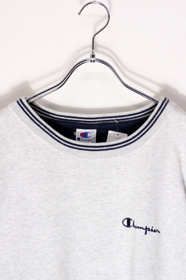 MADE IN USA 90'S L/S ONE POINT COLOR SLEEVE T-SHIRT / GREY/NAVY [SIZE: L USED]