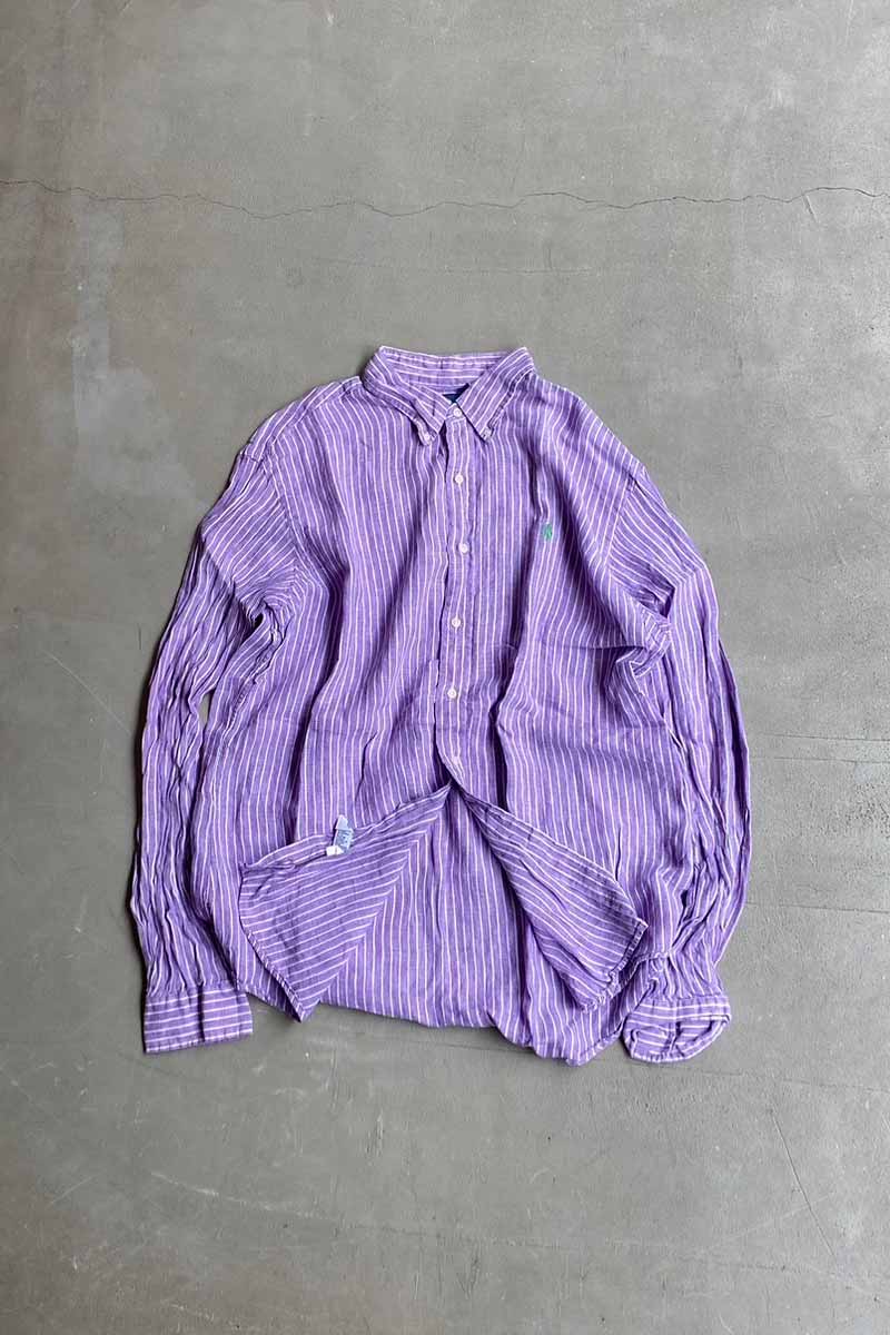 90'S L/S B.D LINEN STRIPE CUSTOM FIT SHIRT / PURPLE [SIZE: XL USED]