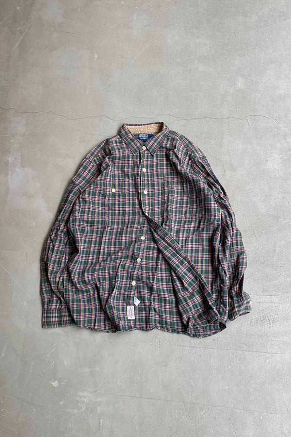 90'S L/S LEATHER ELBOW PATCH COTTON CHECK SHIRT / GREEN [SIZE: L USED]