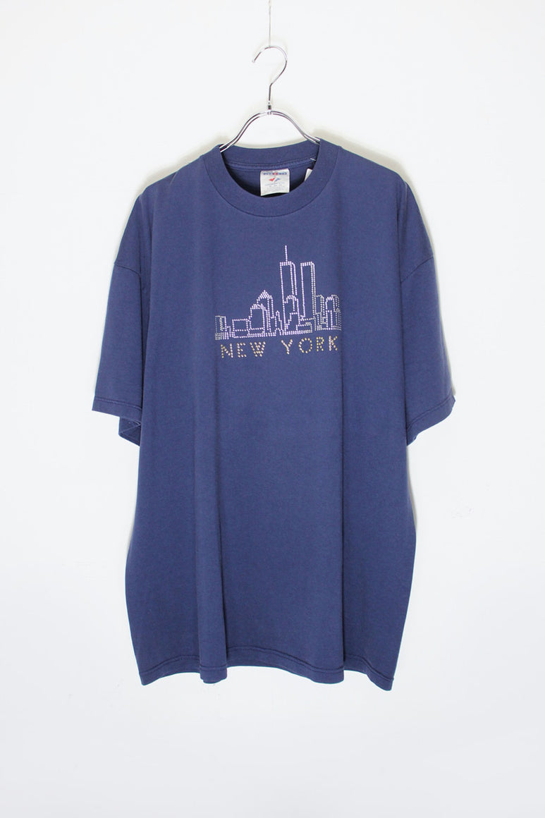 90'S S/S NEW YORK STUDDED T-SHIRT / NAVY [SIZE: XL USED]