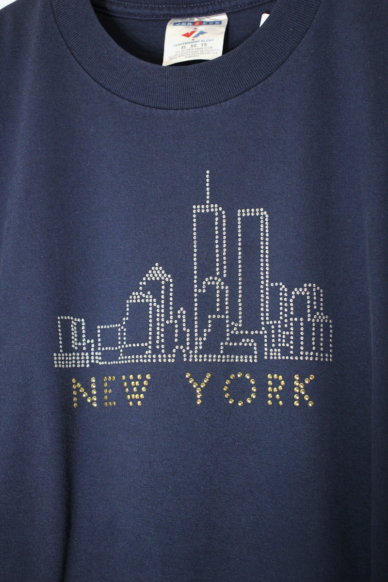90'S S/S NEW YORK STUDDED T-SHIRT / NAVY [SIZE: XL USED]