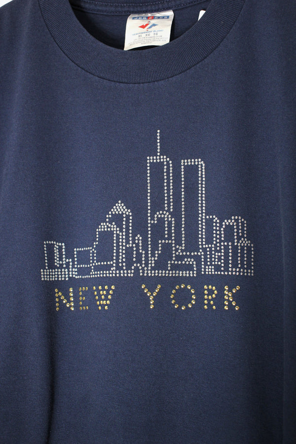90'S S/S NEW YORK STUDDED T-SHIRT / NAVY [SIZE: XL USED]