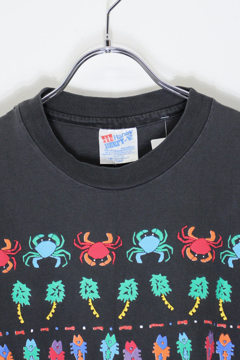 MADE IN USA 90'S S/S S.S.S INC PRINT T-SHIRT / BLACK [SIZE: XL USED]