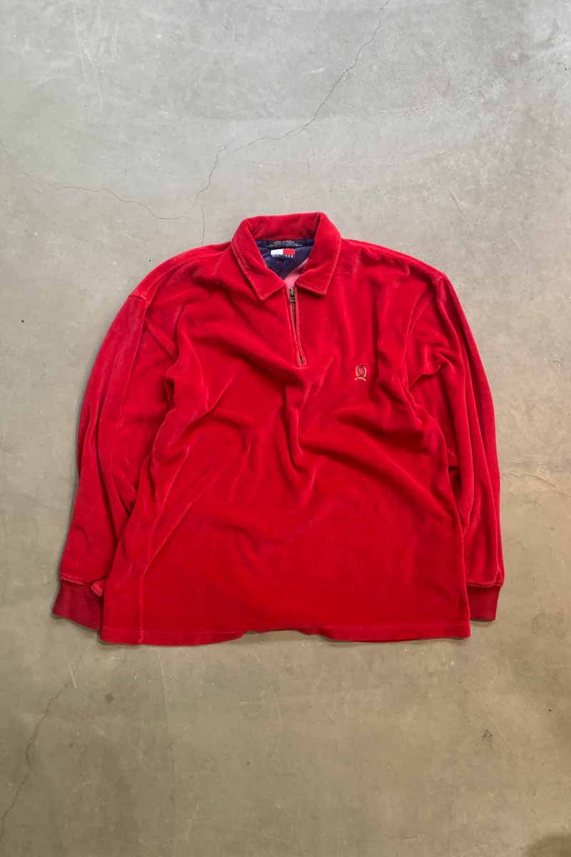 90'S L/S HALF ZIP VELOR SHIRT / RED [SIZE: L USED]