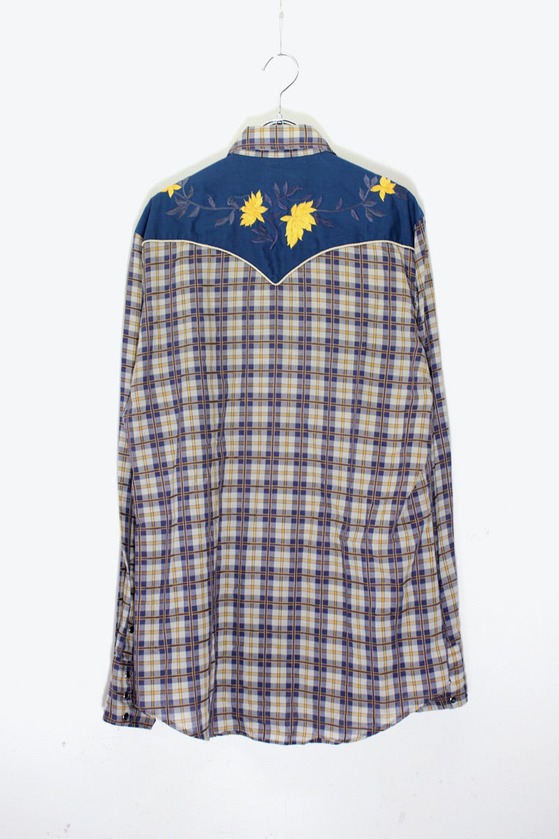 80'S L/S CHECK FLOWER EMBROIDERY WESTERN SHIRT / BLUE / YELLOW [SIZE: M USED]