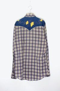 80'S L/S CHECK FLOWER EMBROIDERY WESTERN SHIRT / BLUE / YELLOW [SIZE: M USED]