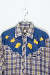 80'S L/S CHECK FLOWER EMBROIDERY WESTERN SHIRT / BLUE / YELLOW [SIZE: M USED]