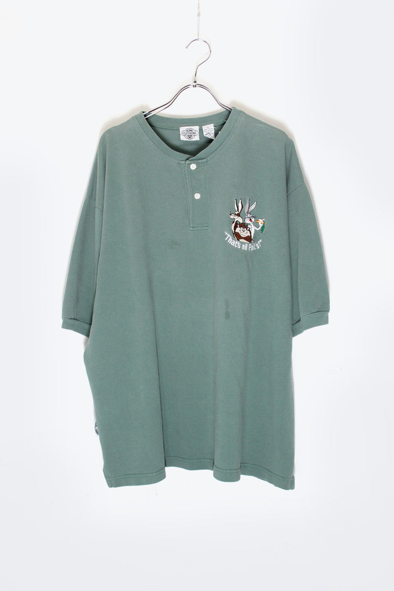 90'S WARNER BROS LOONEY TUNES HENLEY T-SHIRT / KHAKI [SIZE: XL USED]
