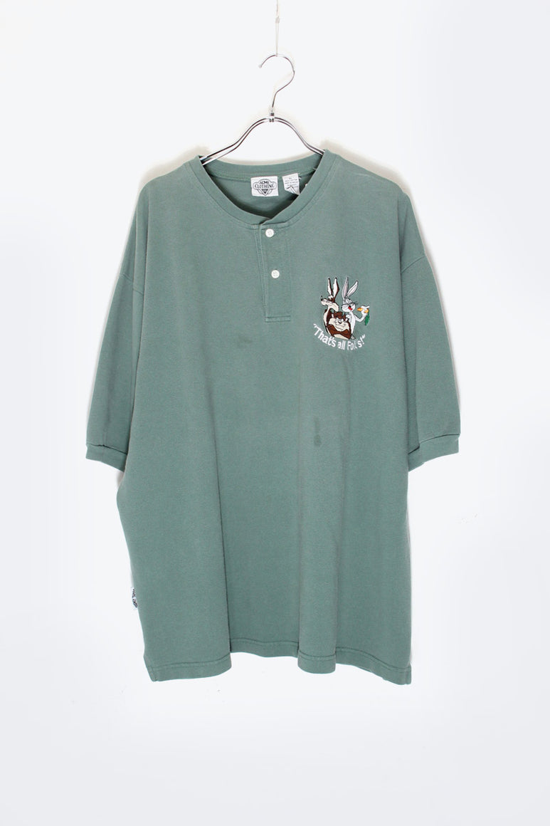 90'S WARNER BROS LOONEY TUNES HENLEY T-SHIRT / KHAKI [SIZE: XL USED]