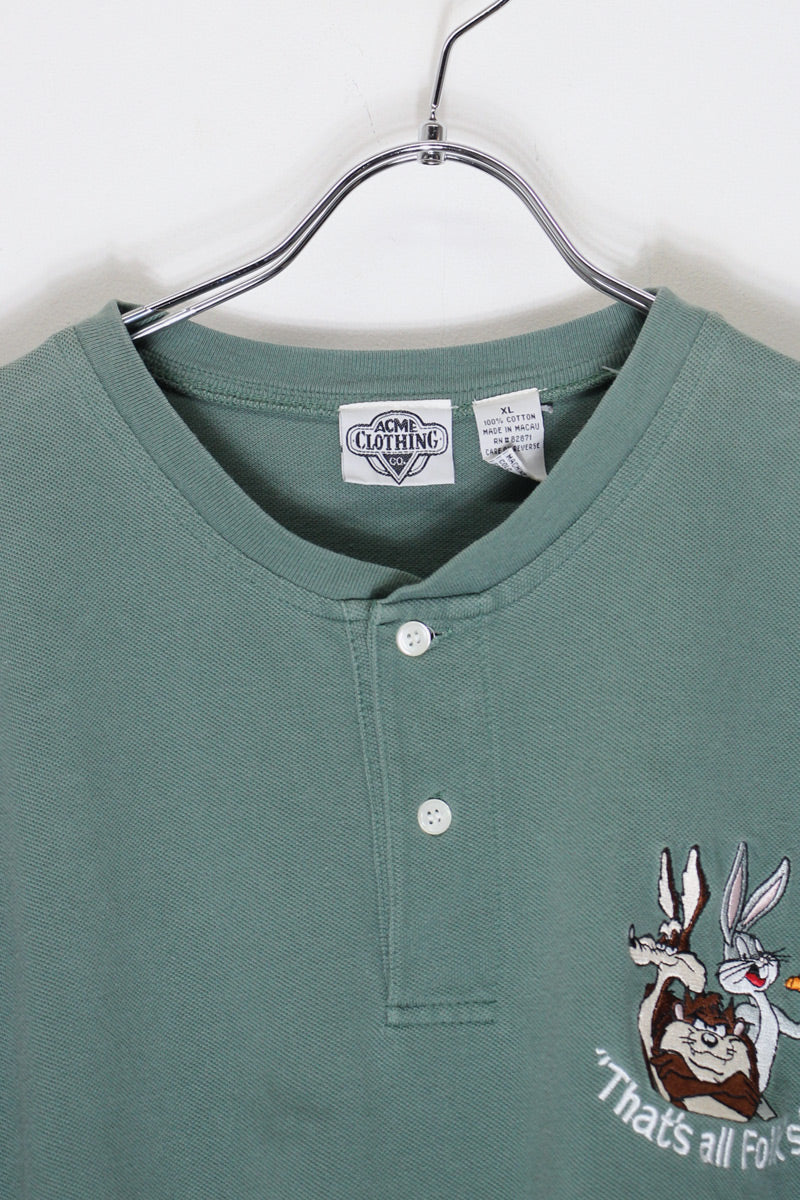 90'S WARNER BROS LOONEY TUNES HENLEY T-SHIRT / KHAKI [SIZE: XL USED]