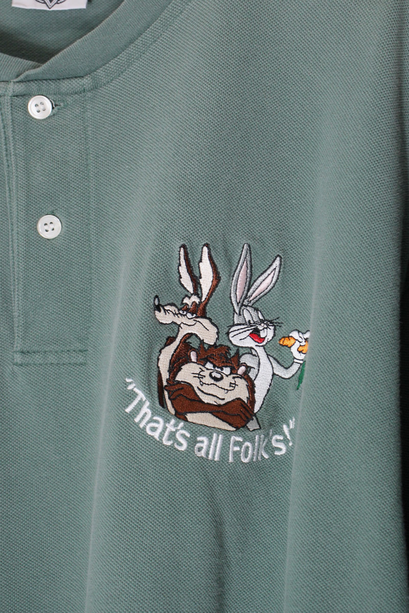90'S WARNER BROS LOONEY TUNES HENLEY T-SHIRT / KHAKI [SIZE: XL USED]