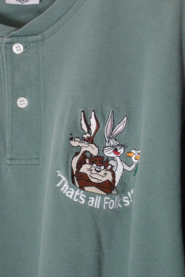 90'S WARNER BROS LOONEY TUNES HENLEY T-SHIRT / KHAKI [SIZE: XL USED]