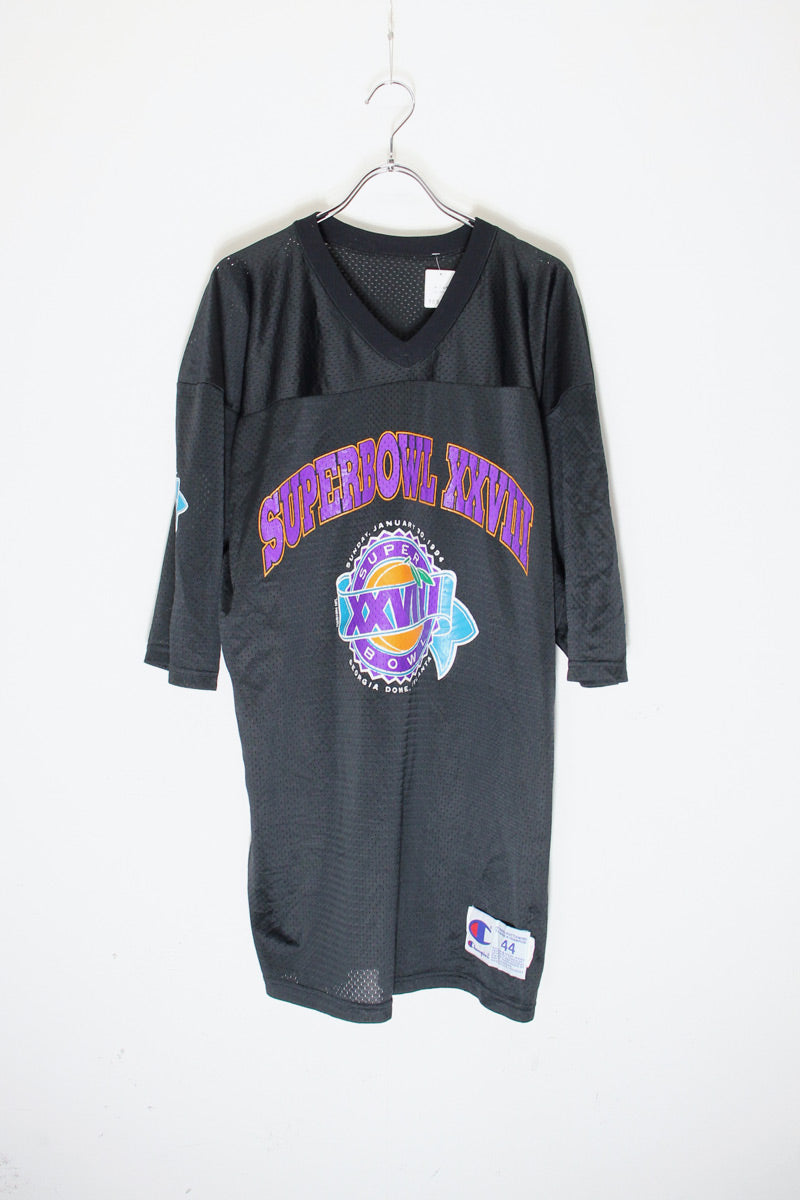 MADE IN USA 94'S S/S V-NECK MESH SUPER BOWL T-SHIRT / BLACK [SIZE: M equivalent USED]