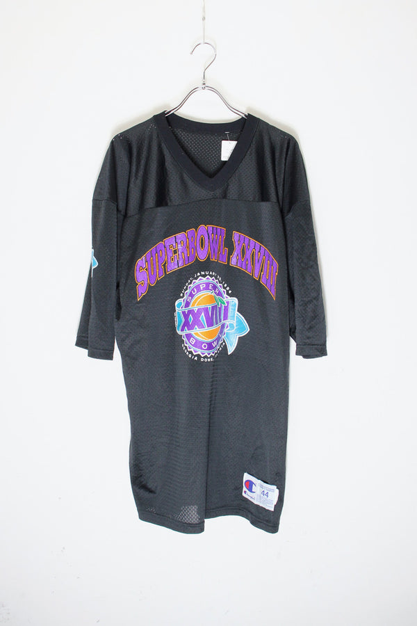 MADE IN USA 94'S S/S V-NECK MESH SUPER BOWL T-SHIRT / BLACK [SIZE: M equivalent USED]