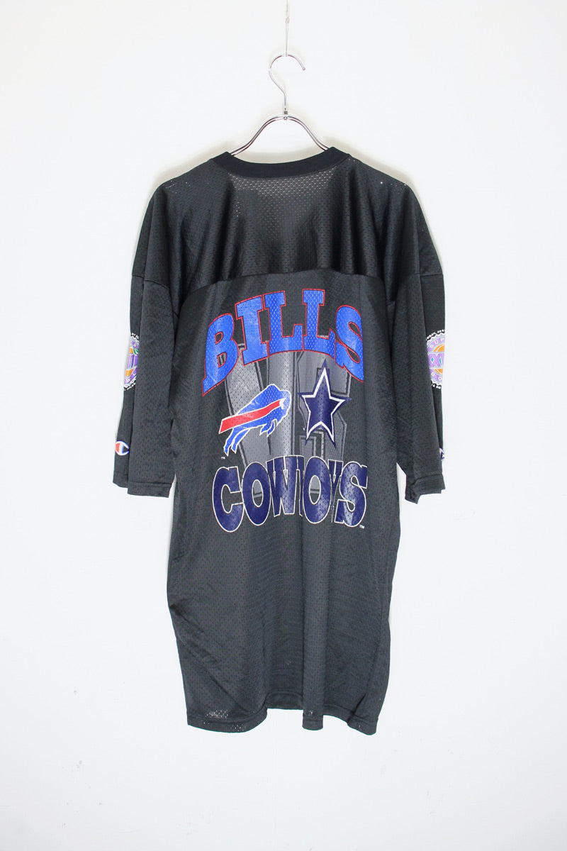MADE IN USA 94'S S/S V-NECK MESH SUPER BOWL T-SHIRT / BLACK [SIZE: M equivalent USED]