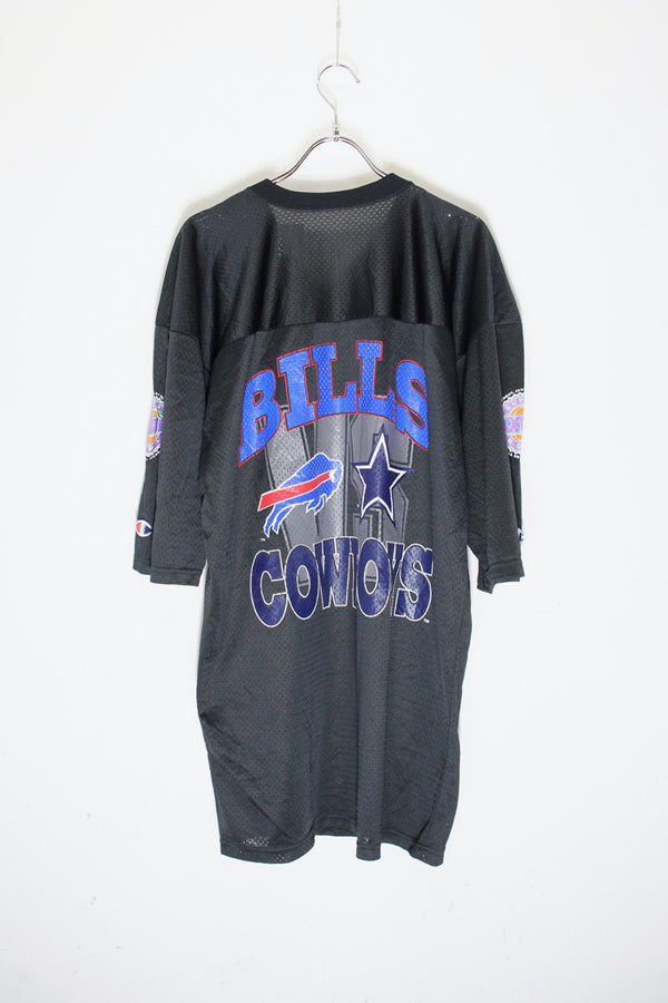 MADE IN USA 94'S S/S V-NECK MESH SUPER BOWL T-SHIRT / BLACK [SIZE: M equivalent USED]