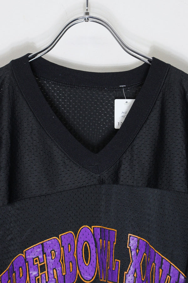 MADE IN USA 94'S S/S V-NECK MESH SUPER BOWL T-SHIRT / BLACK [SIZE: M equivalent USED]