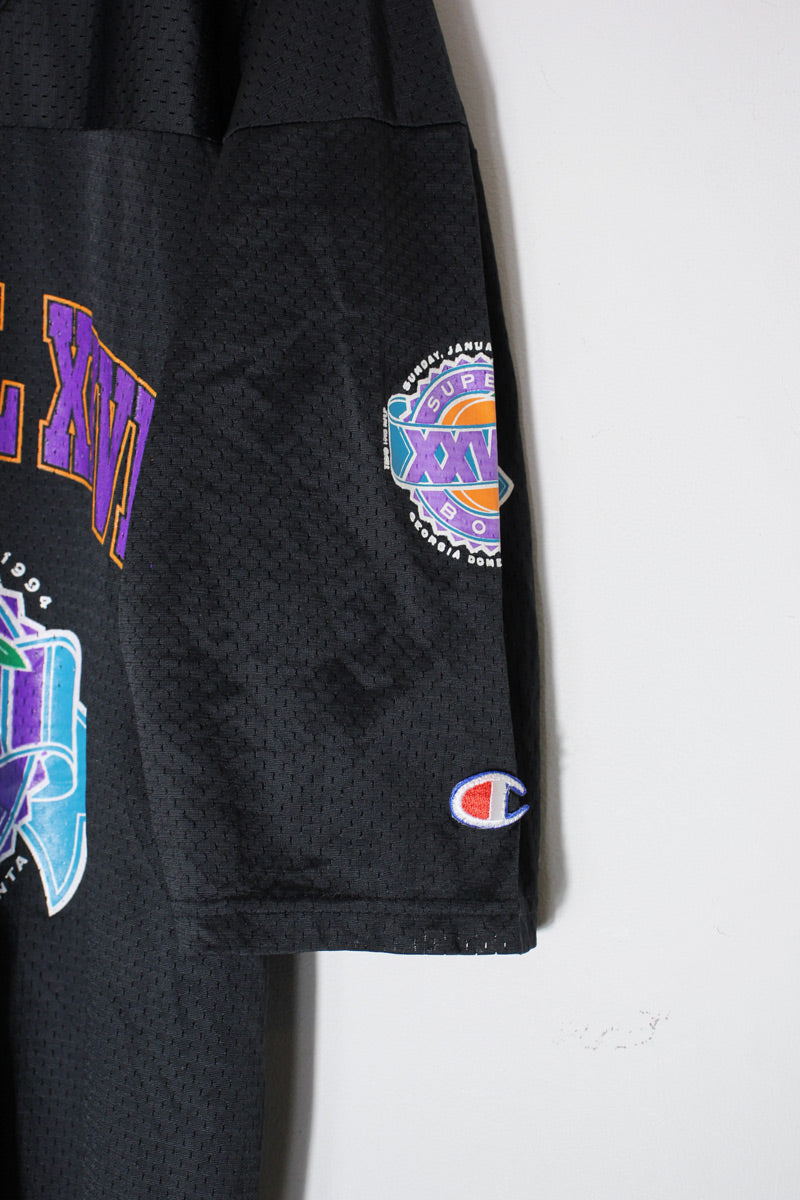 MADE IN USA 94'S S/S V-NECK MESH SUPER BOWL T-SHIRT / BLACK [SIZE: M equivalent USED]