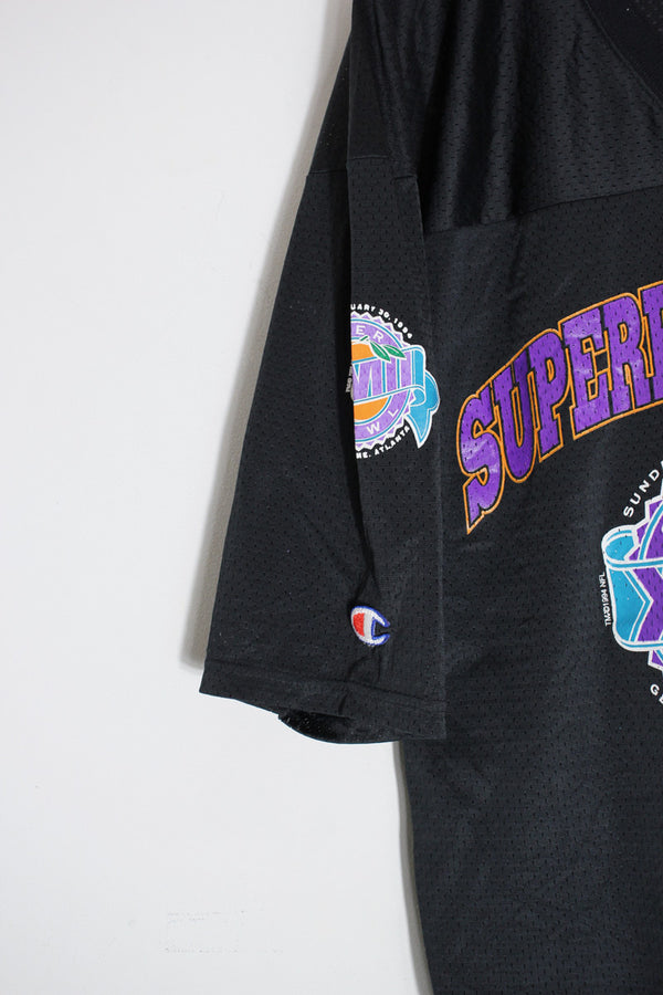 MADE IN USA 94'S S/S V-NECK MESH SUPER BOWL T-SHIRT / BLACK [SIZE: M equivalent USED]