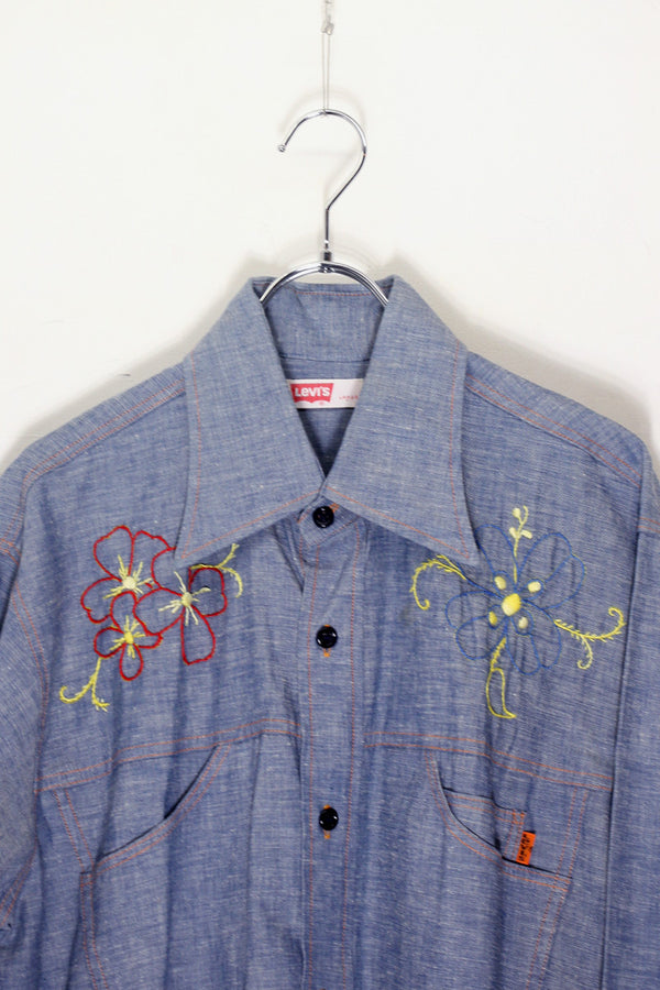 70'S L/S EMBROIDERY DESIGN CHAMBRAY SHIRT / INDIGO [SIZE: L USED]