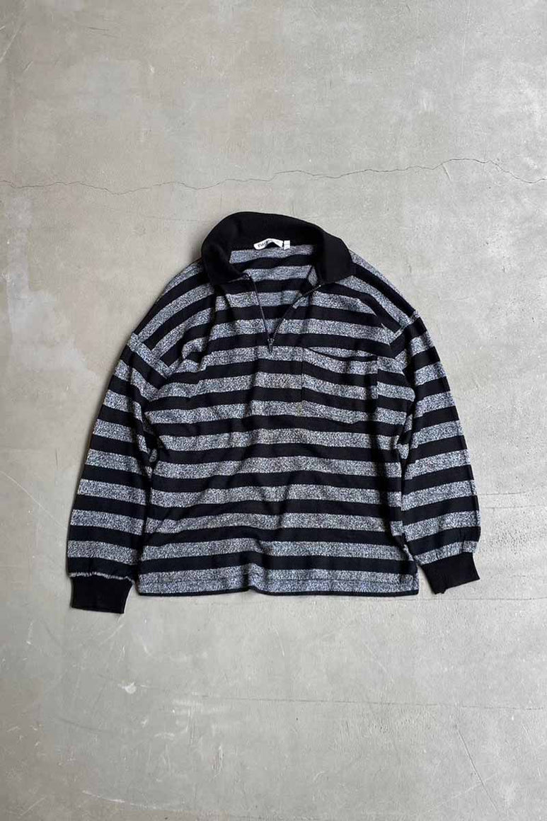 MADE IN ITALY 90'S L/S BORDER ACRYLIC HALF ZIP POLO SHIRT / GRAY [SIZE: M USED]