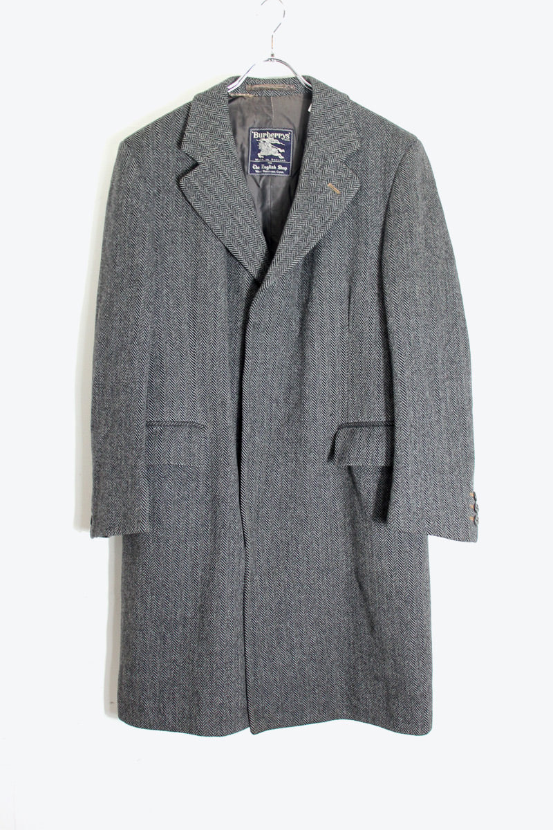 MADE IN ENGLAND 90'S WOOL HERRINGBONE COAT / CHARCOAL GRAY [SIZE: S Equivalent USED]