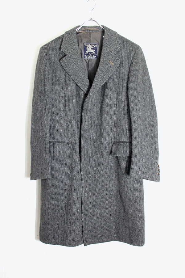 MADE IN ENGLAND 90'S WOOL HERRINGBONE COAT / CHARCOAL GRAY [SIZE: S Equivalent USED]