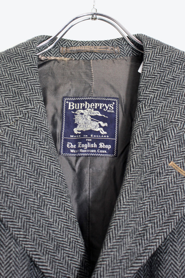 MADE IN ENGLAND 90'S WOOL HERRINGBONE COAT / CHARCOAL GRAY [SIZE: S Equivalent USED]