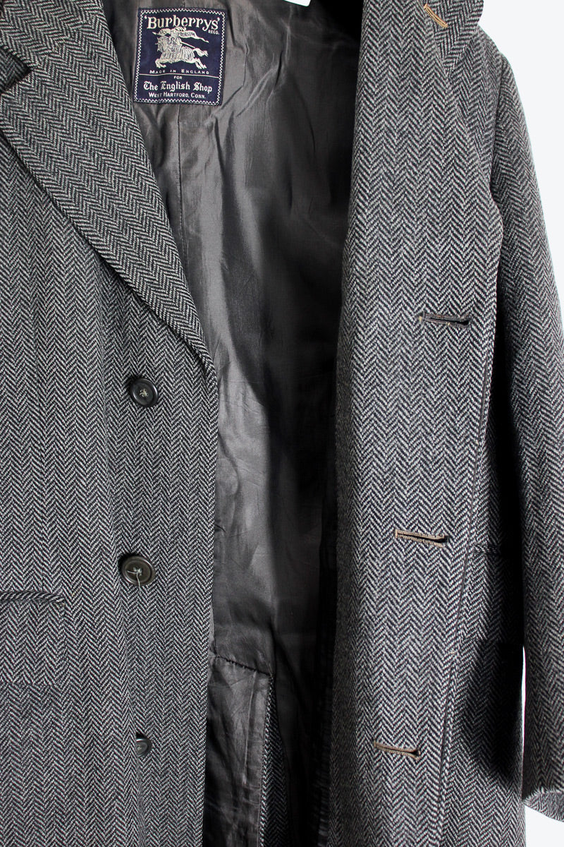 MADE IN ENGLAND 90'S WOOL HERRINGBONE COAT / CHARCOAL GRAY [SIZE: S Equivalent USED]