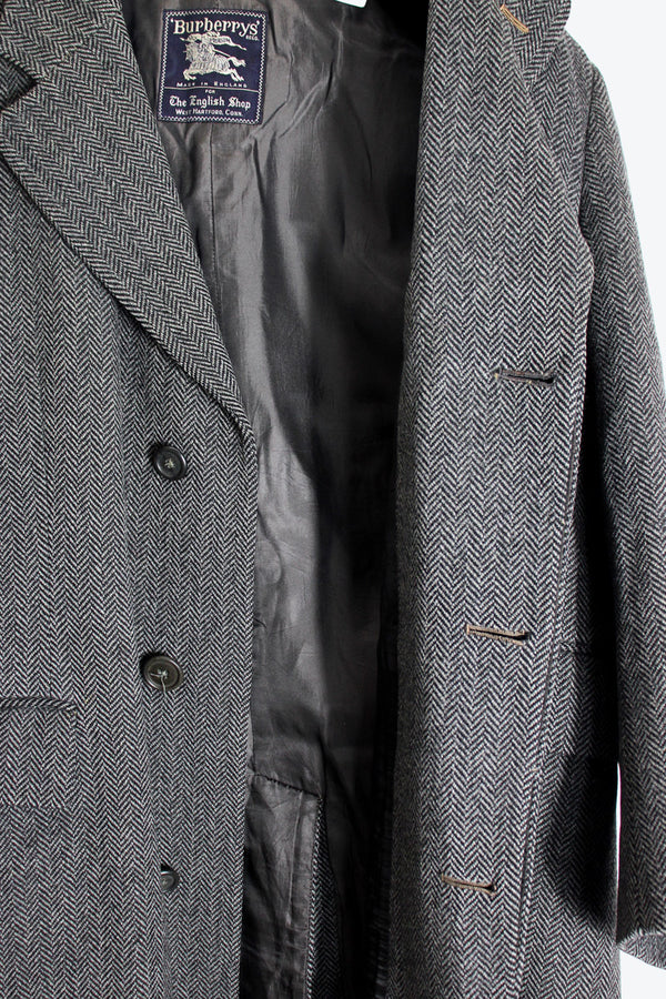 MADE IN ENGLAND 90'S WOOL HERRINGBONE COAT / CHARCOAL GRAY [SIZE: S Equivalent USED]