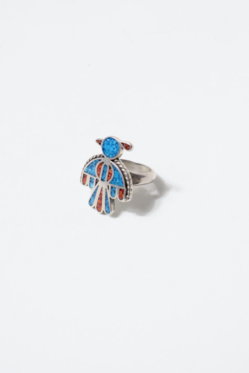 TIP INLAY SILVER RING W/TURQUOIS + RED CORAL [SIZE: 16号 USED]