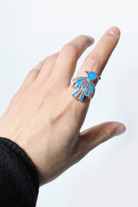 TIP INLAY SILVER RING W/TURQUOIS + RED CORAL [SIZE: 16号 USED]